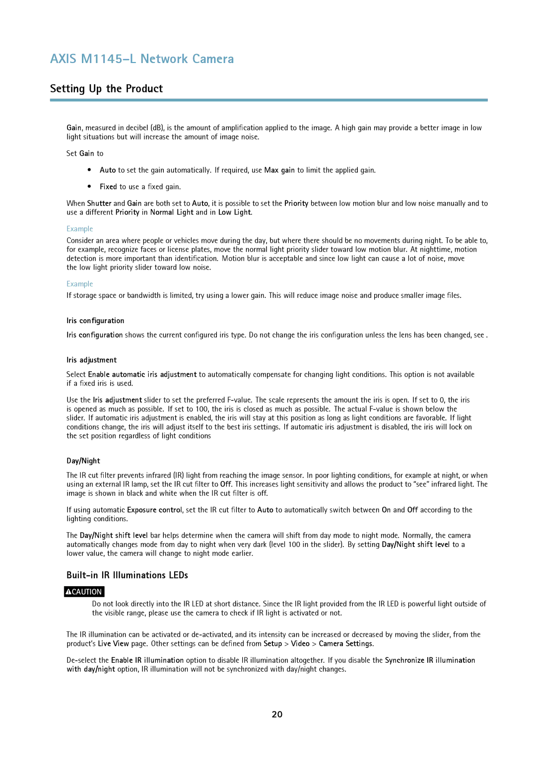 Axis Communications M1145L user manual Built-in IR Illuminations LEDs, Iris configuration, Iris adjustment, Day/Night 