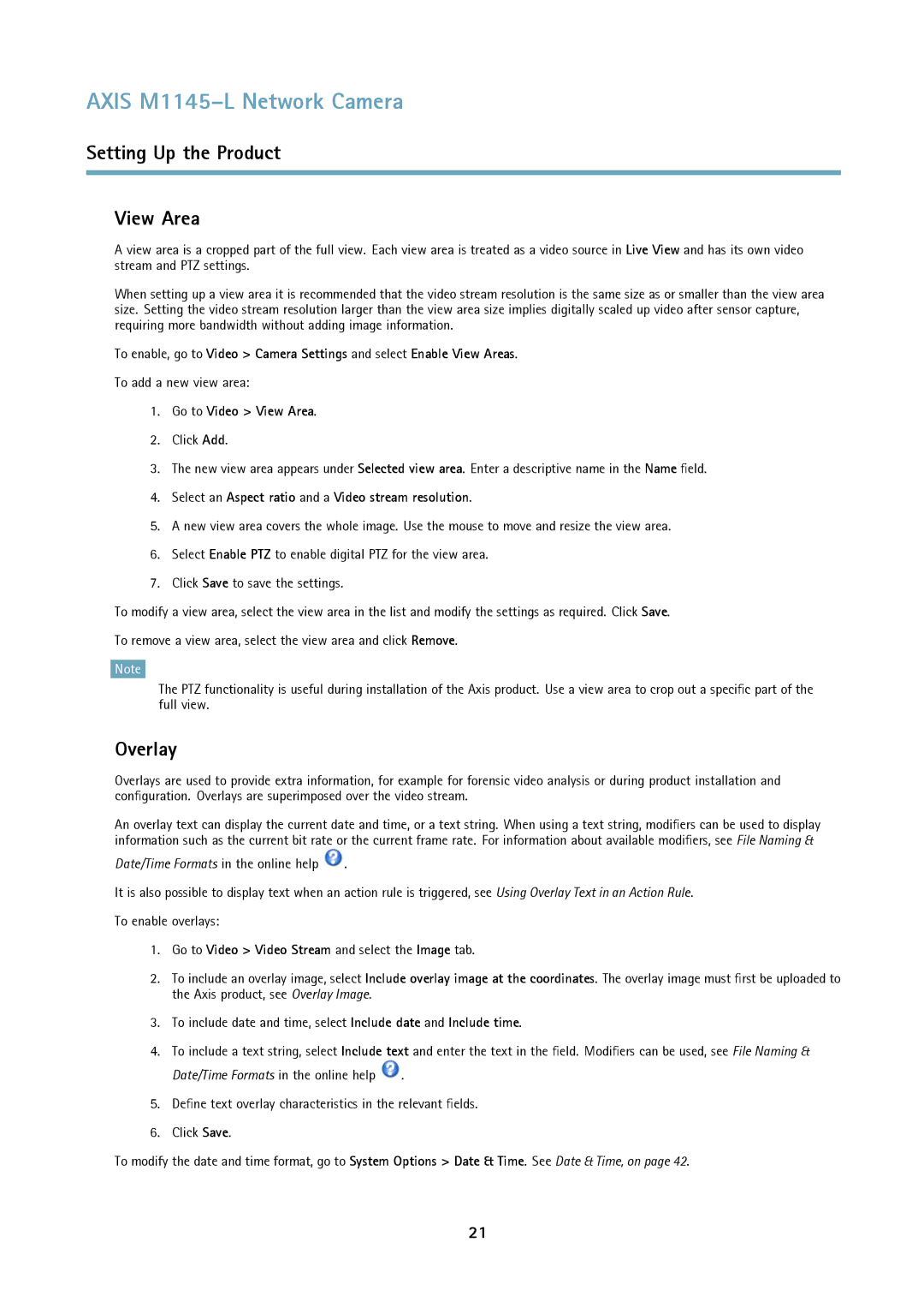 Axis Communications M1145L user manual Setting Up the Product View Area, Overlay, Go to Video View Area 