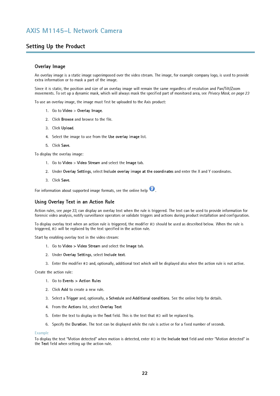 Axis Communications M1145L Using Overlay Text in an Action Rule, Go to Video Overlay Image, Go to Events Action Rules 