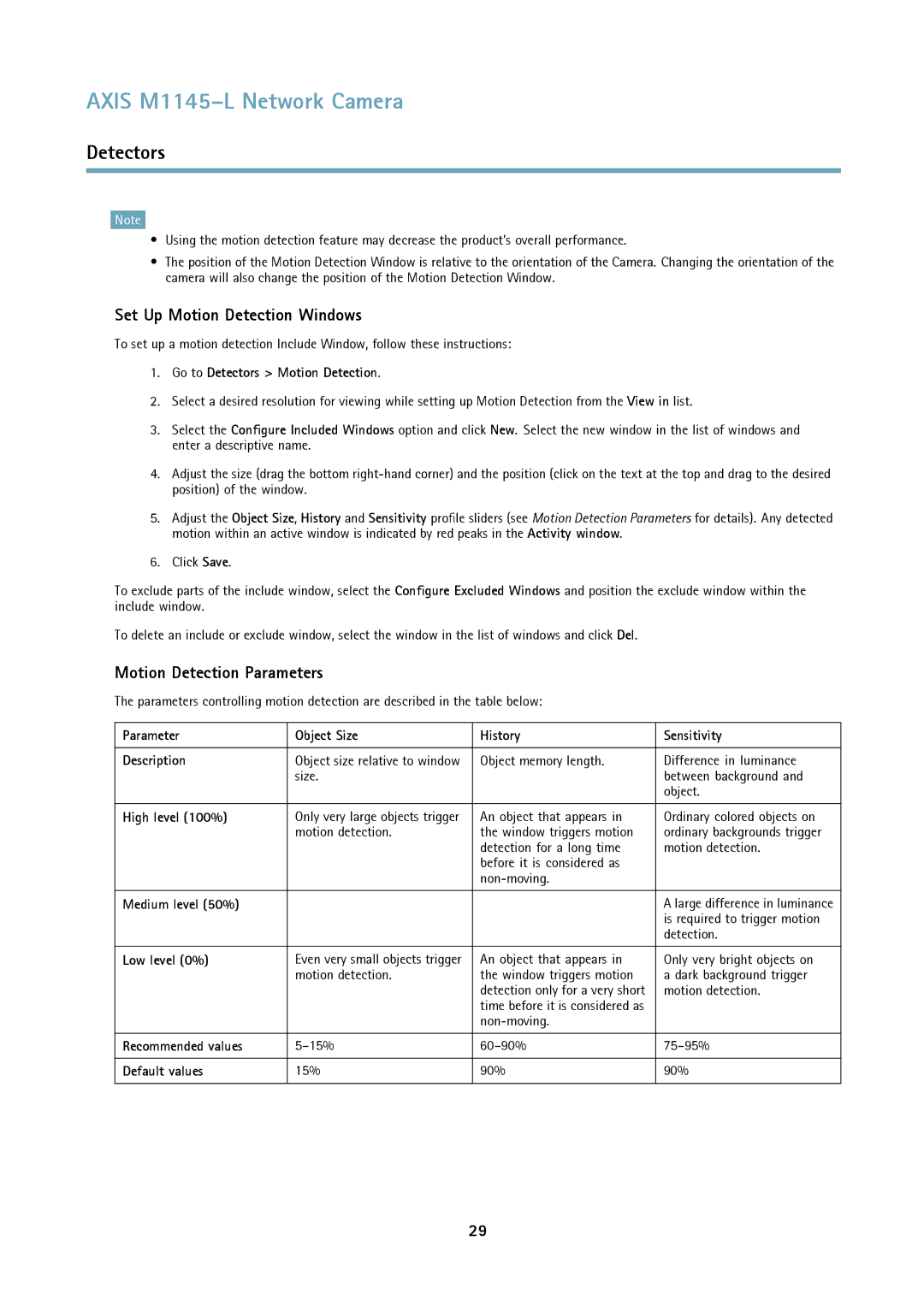 Axis Communications M1145L user manual Set Up Motion Detection Windows, Motion Detection Parameters 