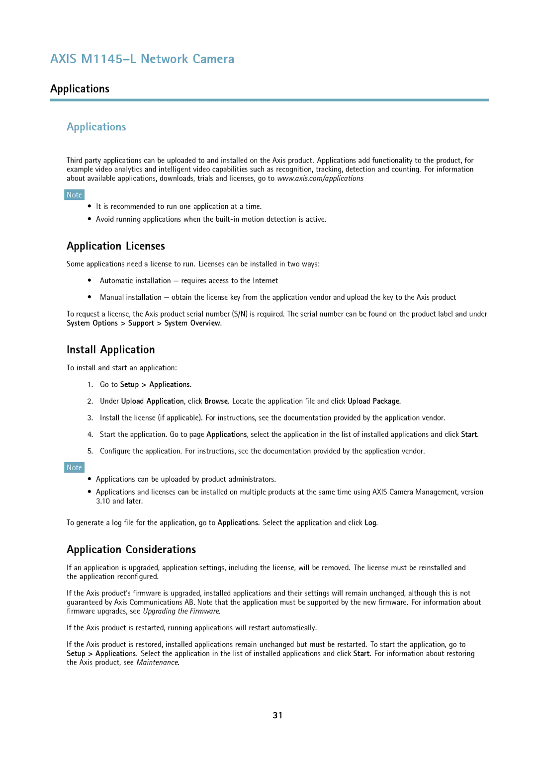 Axis Communications M1145L user manual Applications, Application Licenses, Install Application, Application Considerations 