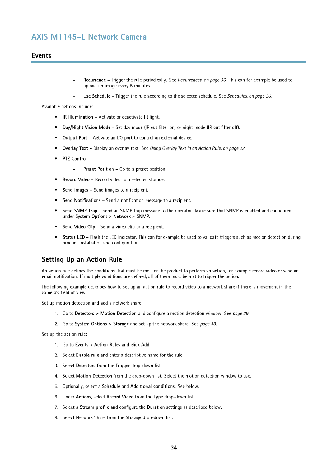 Axis Communications M1145L user manual Setting Up an Action Rule, PTZ Control, Go to Events Action Rules and click Add 