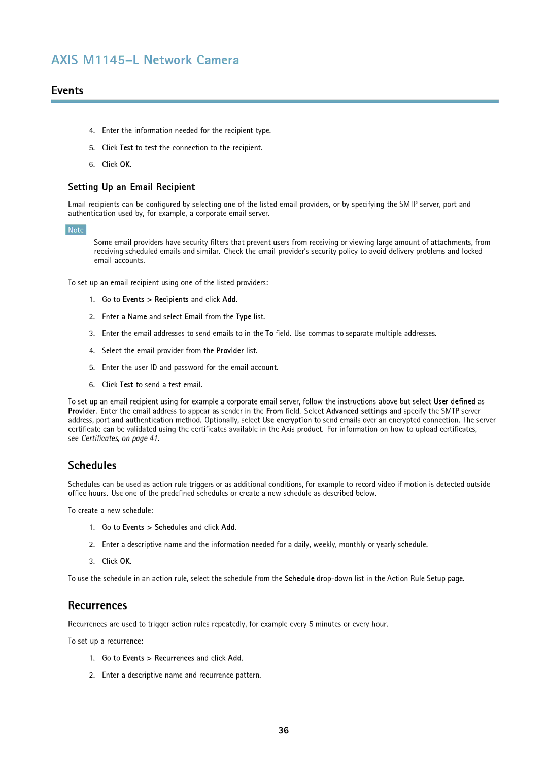 Axis Communications M1145L user manual Recurrences, Setting Up an Email Recipient, Go to Events Schedules and click Add 