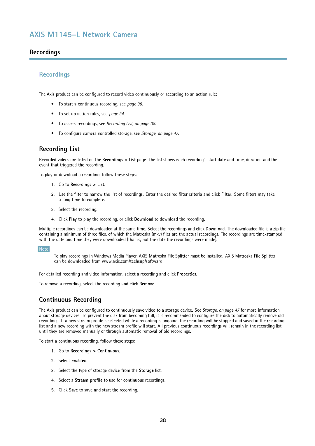 Axis Communications M1145L user manual Recordings, Recording List, Continuous Recording 