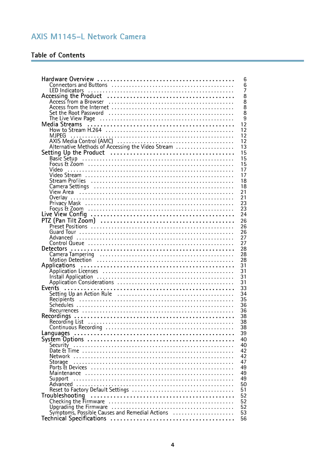 Axis Communications M1145L user manual Axis M1145-L Network Camera, Table of Contents 