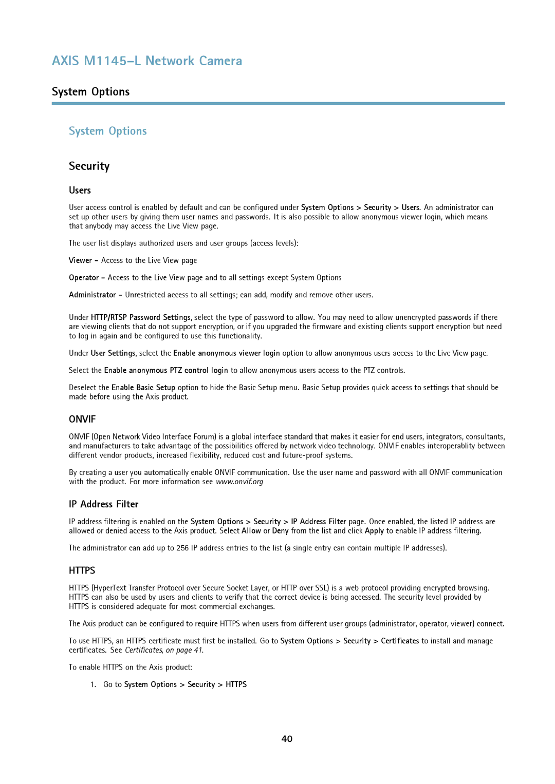 Axis Communications M1145L user manual System Options, Security, Users, IP Address Filter 