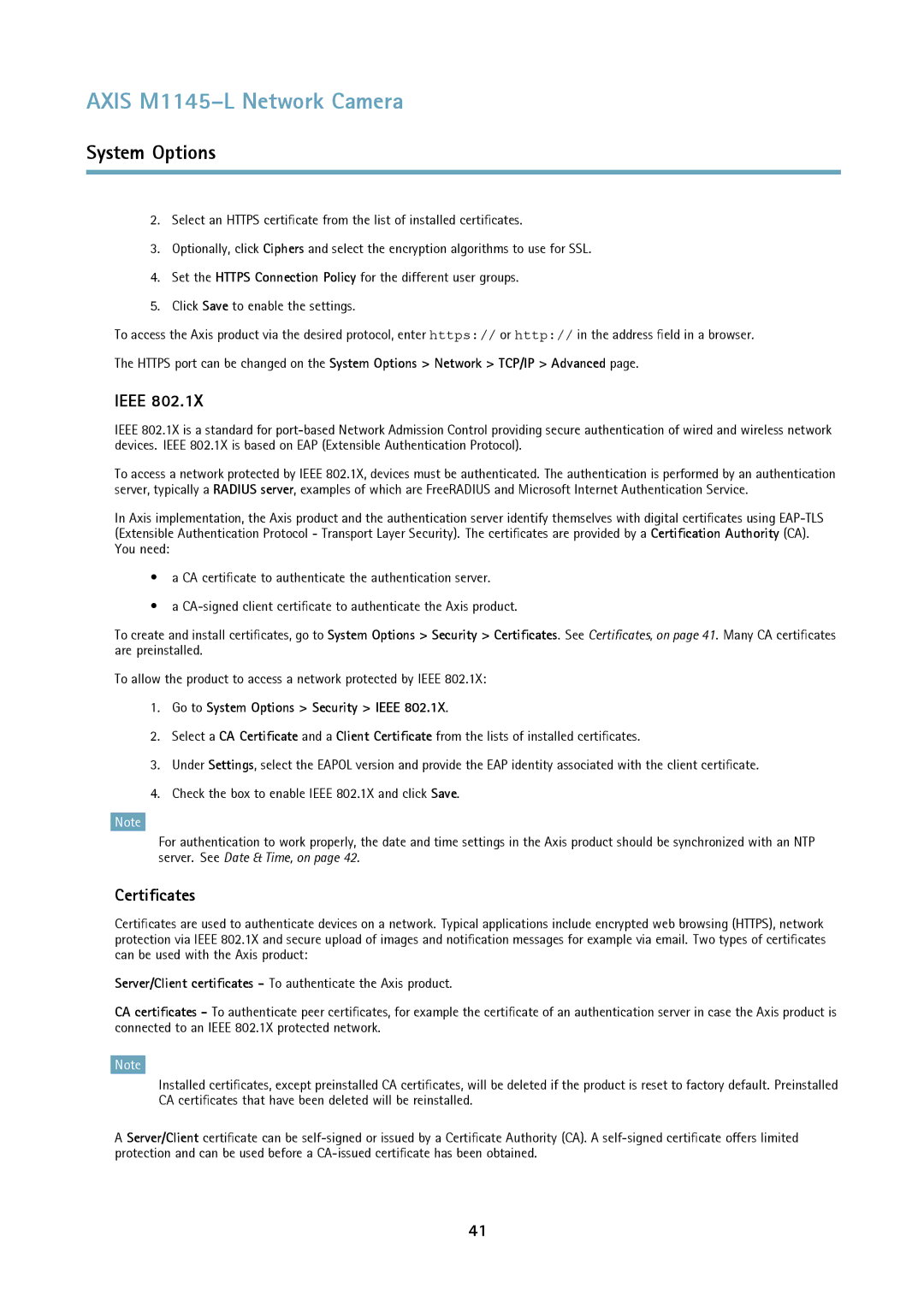 Axis Communications M1145L user manual Certificates, Go to System Options Security Ieee 