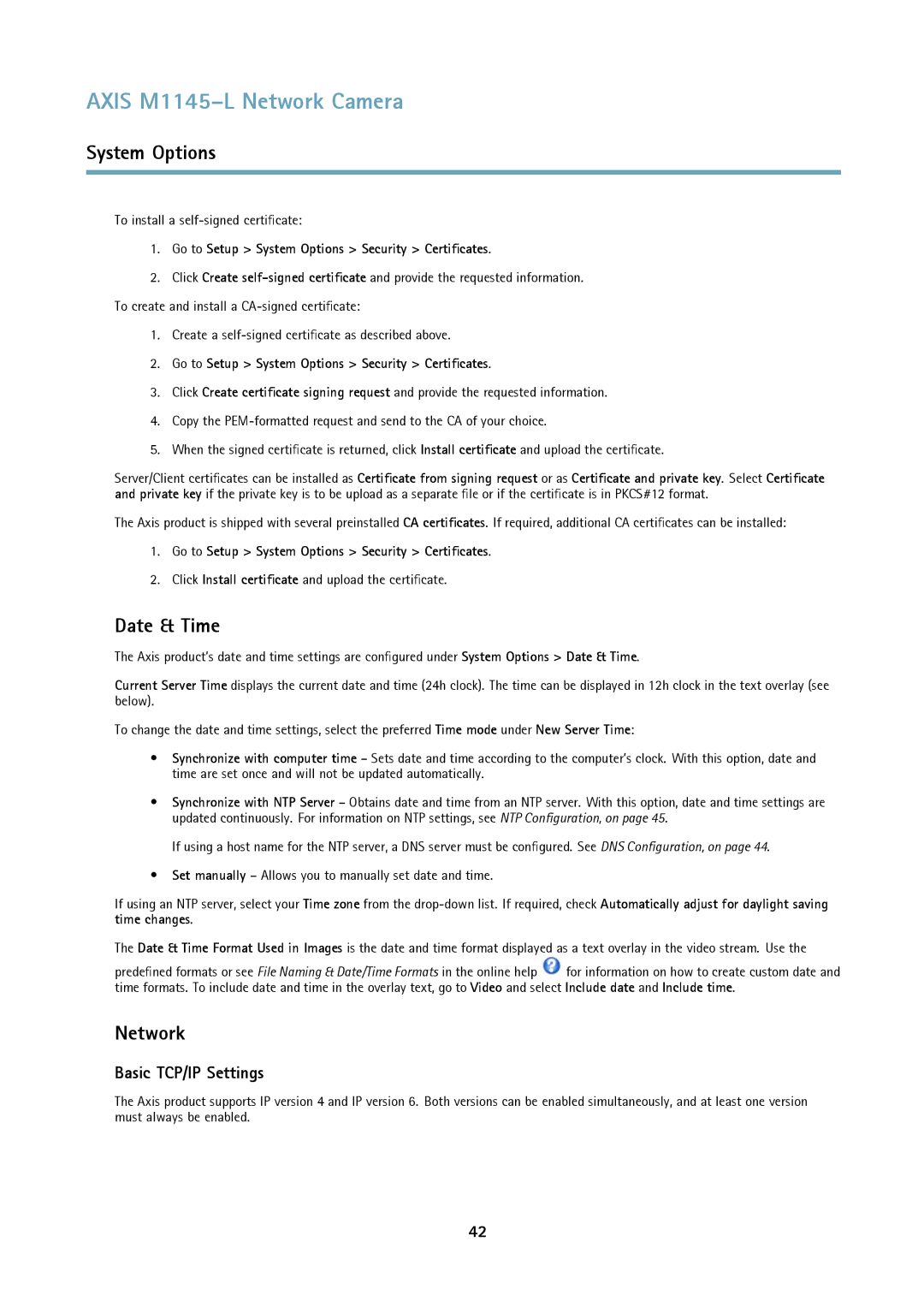 Axis Communications M1145L Date & Time, Network, Basic TCP/IP Settings, Go to Setup System Options Security Certificates 