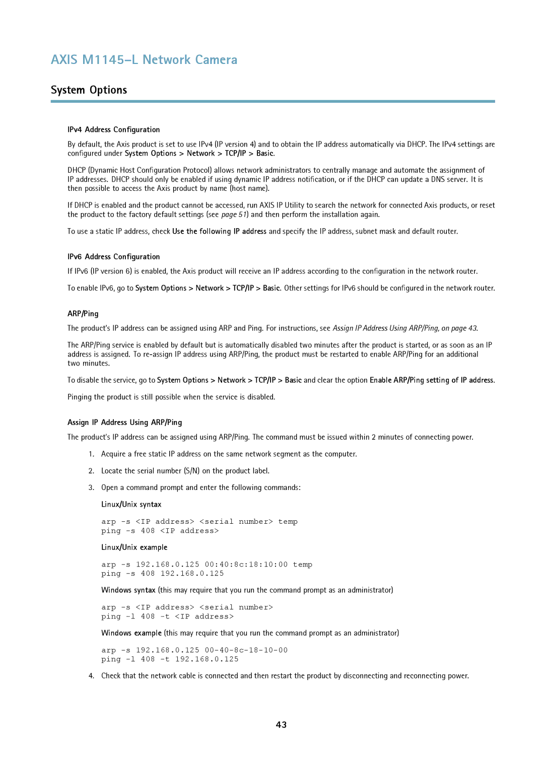 Axis Communications M1145L user manual IPv4 Address Configuration, IPv6 Address Configuration, ARP/Ping, Linux/Unix syntax 