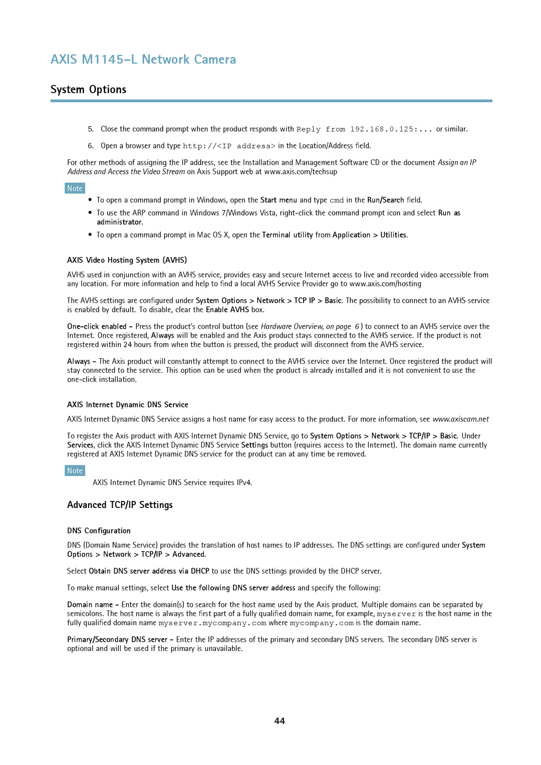 Axis Communications M1145L Advanced TCP/IP Settings, Axis Video Hosting System Avhs, Axis Internet Dynamic DNS Service 