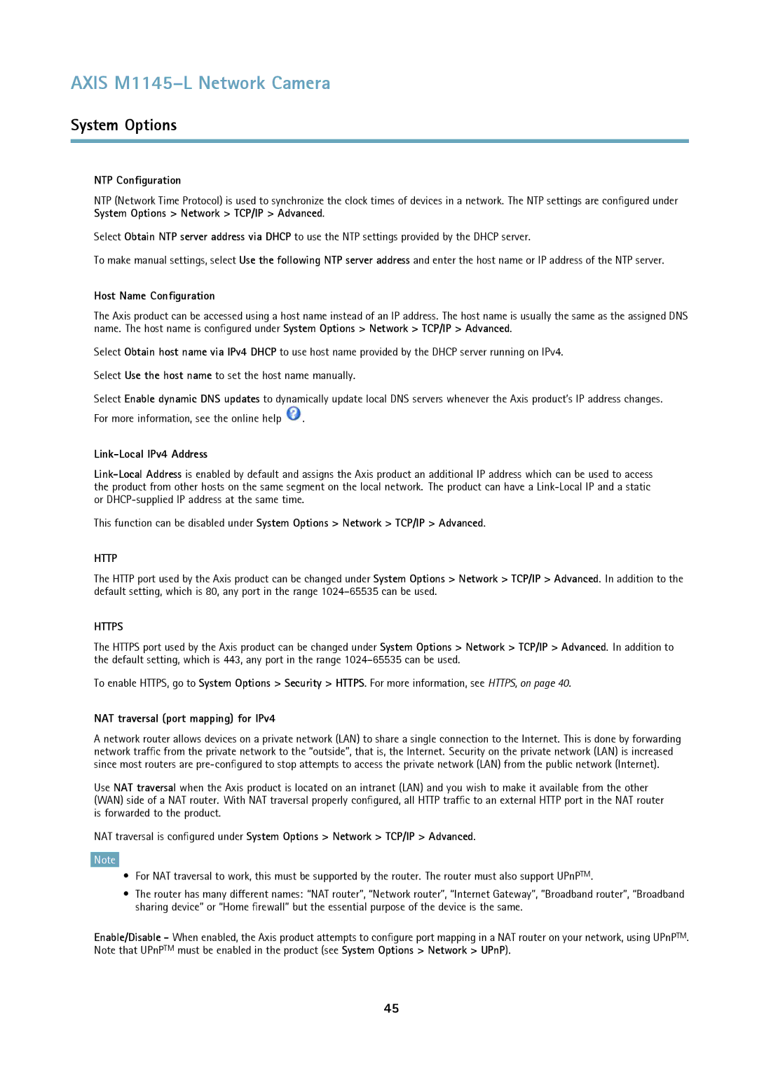 Axis Communications M1145L user manual NTP Configuration, Host Name Configuration, Link-Local IPv4 Address 