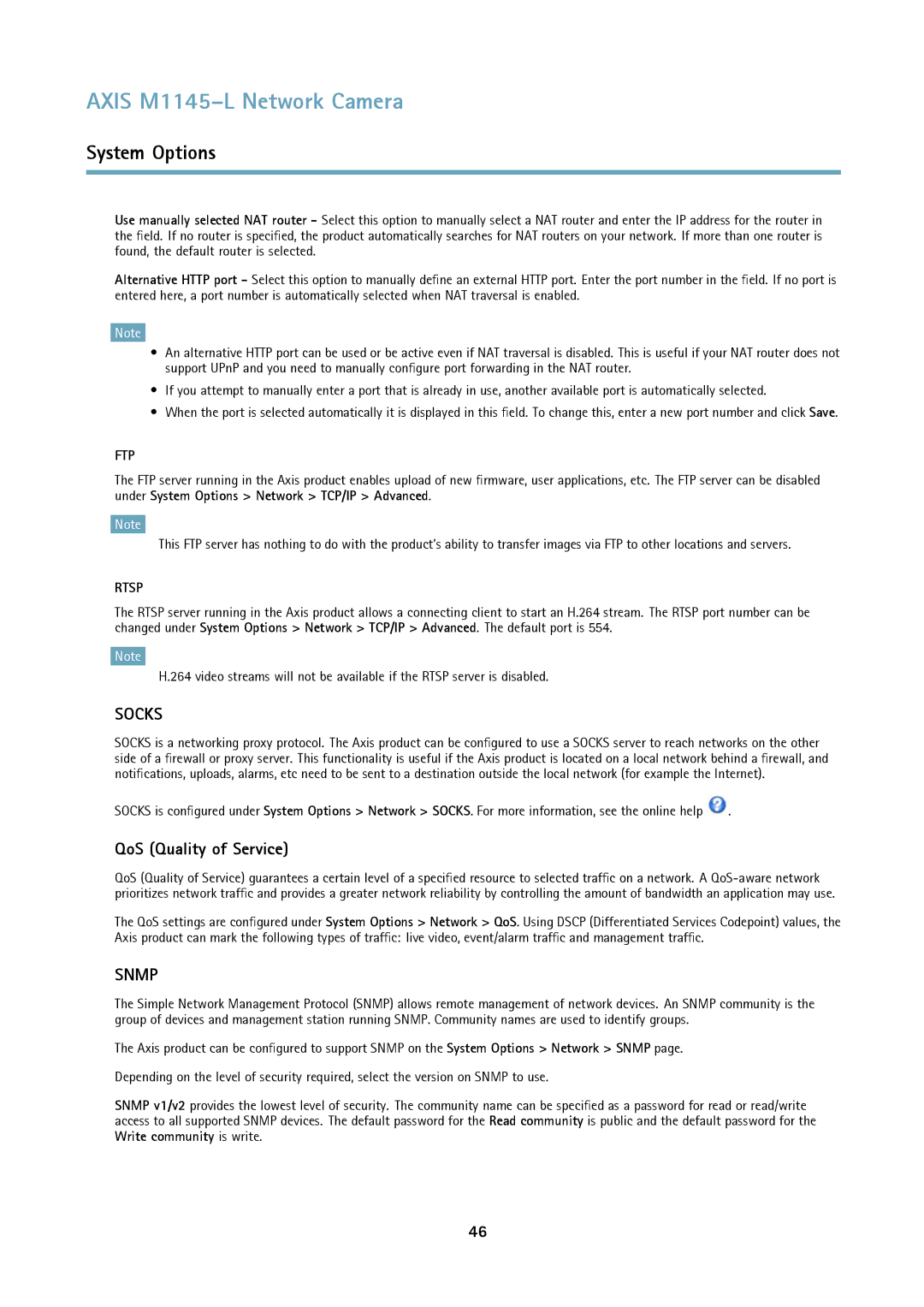 Axis Communications M1145L user manual QoS Quality of Service, Ftp 