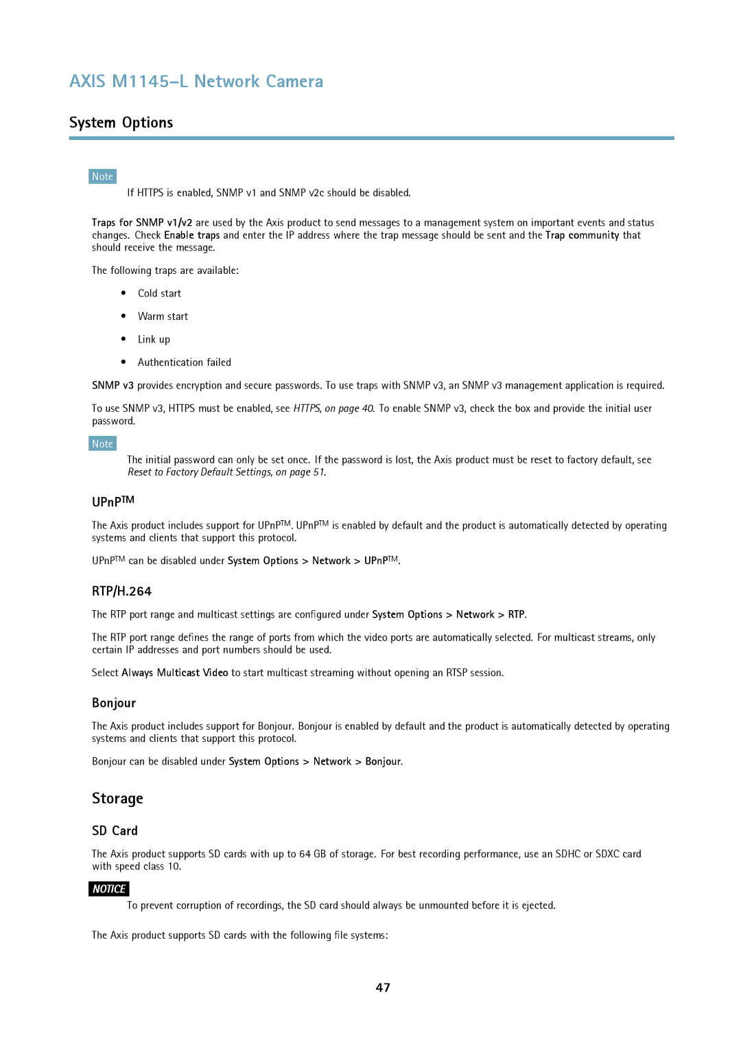 Axis Communications M1145L user manual Storage, UPnPTM, RTP/H.264, Bonjour, SD Card 