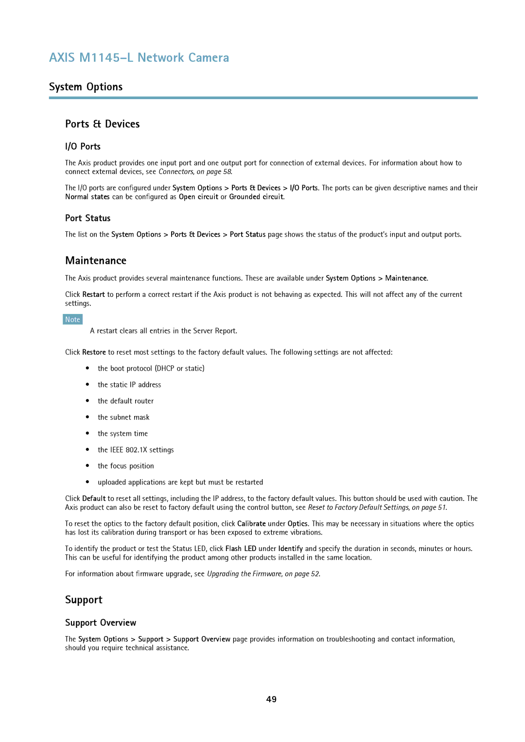 Axis Communications M1145L user manual System Options Ports & Devices, Maintenance, Support 