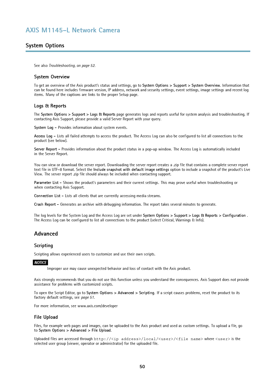 Axis Communications M1145L user manual System Overview, Logs & Reports, Scripting, File Upload 