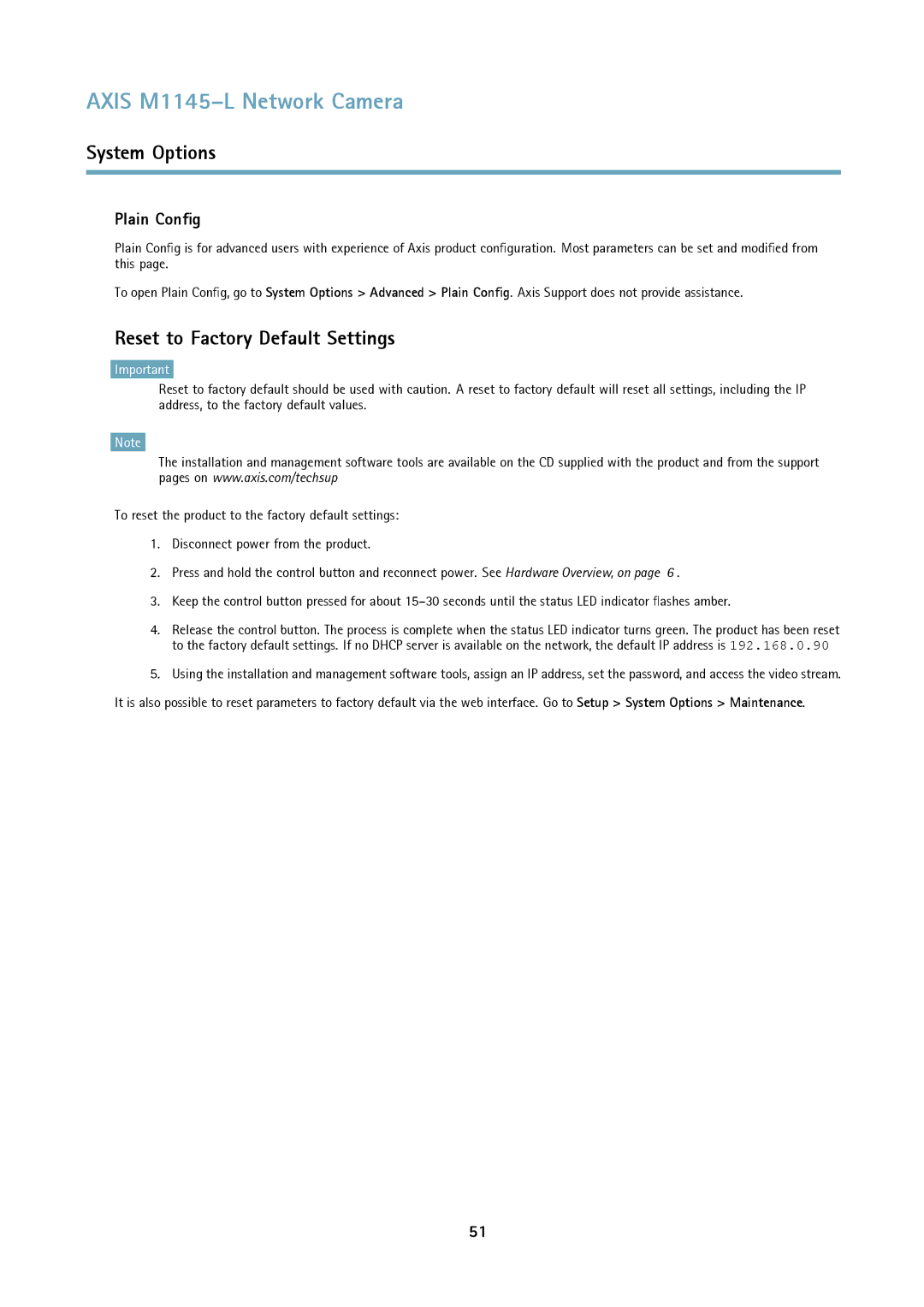 Axis Communications M1145L user manual Reset to Factory Default Settings, Plain Config 