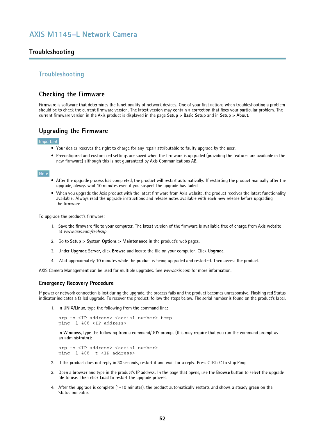Axis Communications M1145L Troubleshooting, Checking the Firmware, Upgrading the Firmware, Emergency Recovery Procedure 