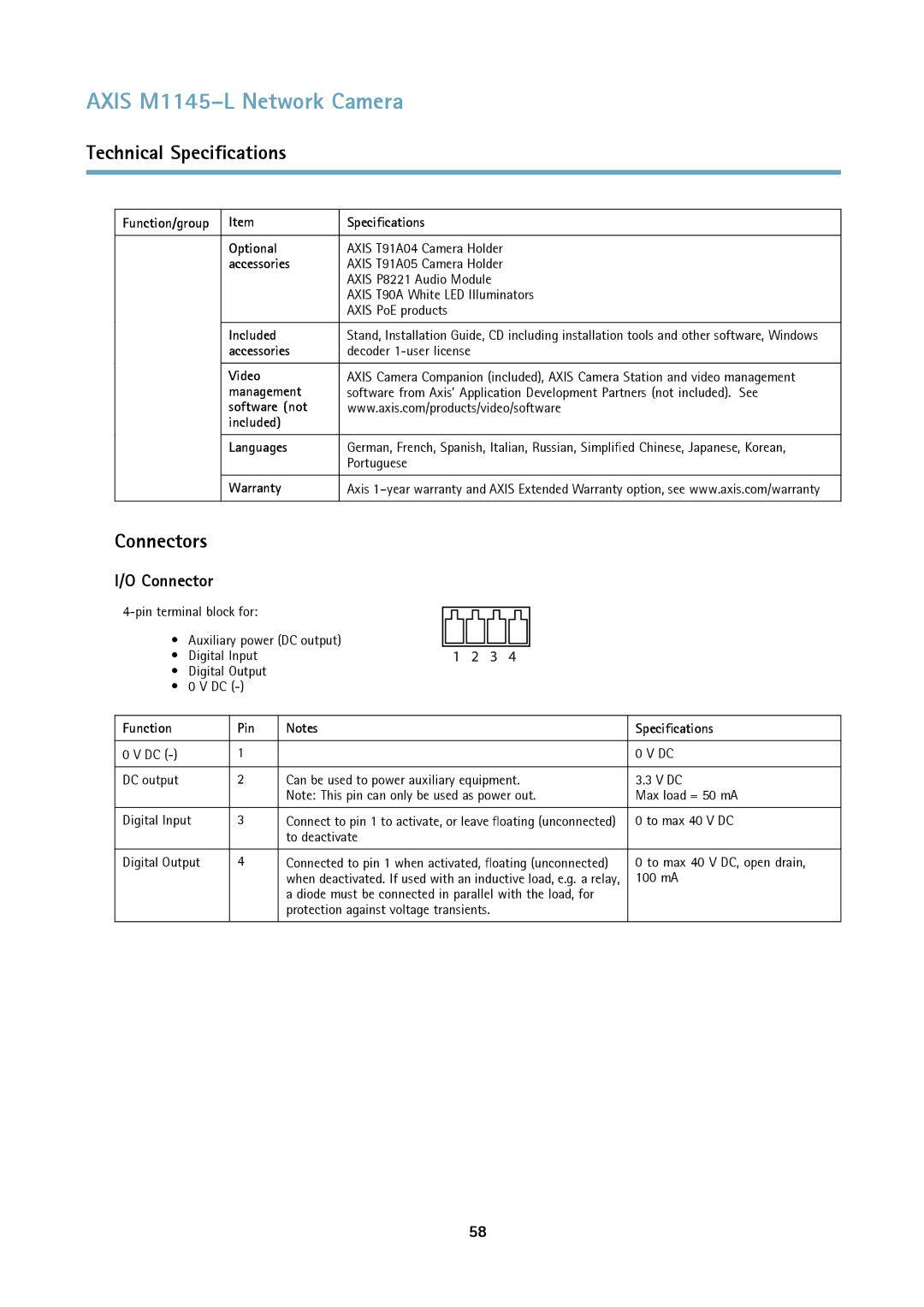 Axis Communications M1145L user manual Connectors, Accessories Decoder 1-user license Video, Portuguese, Warranty 