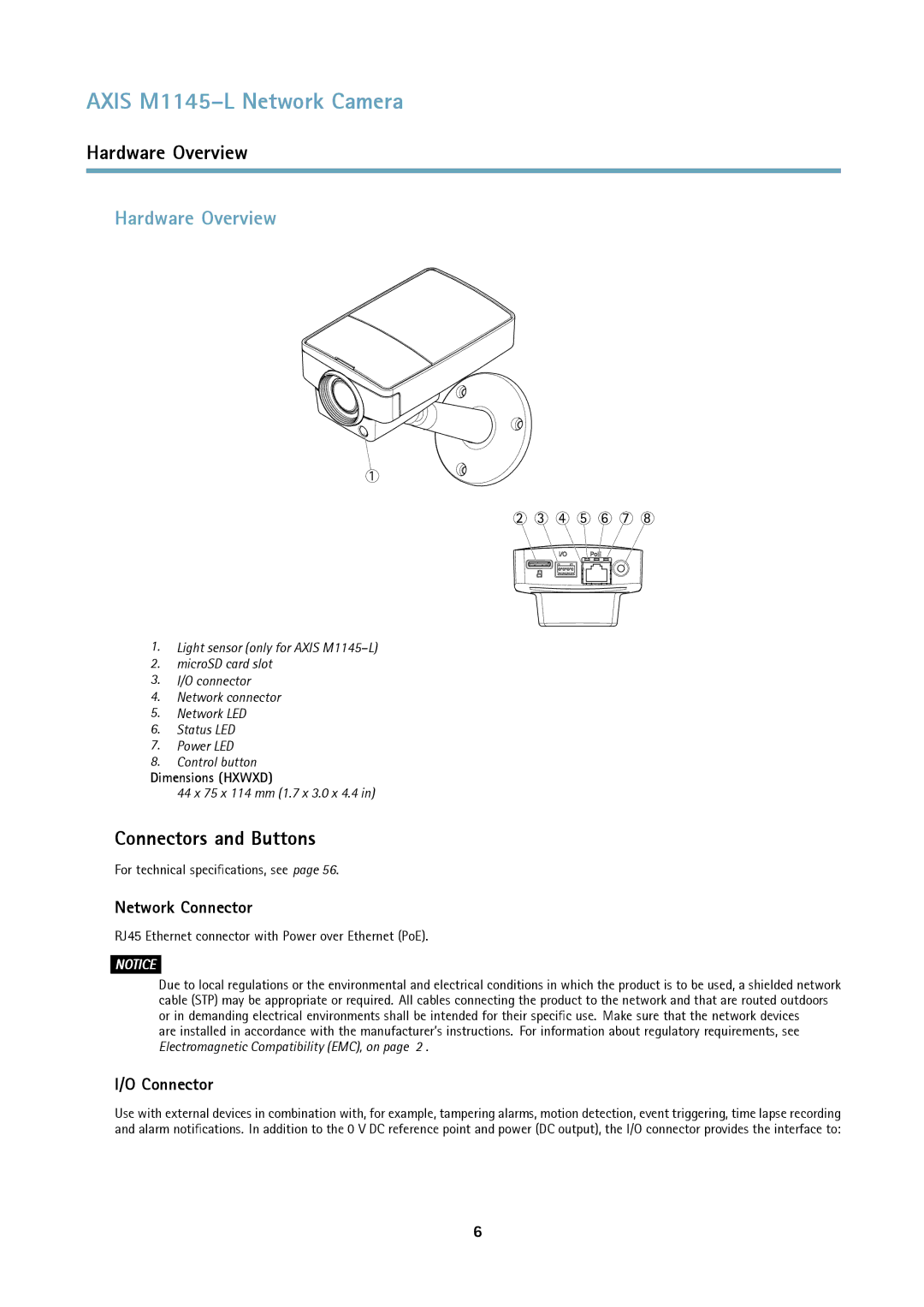 Axis Communications M1145L user manual Hardware Overview, Connectors and Buttons, Network Connector 