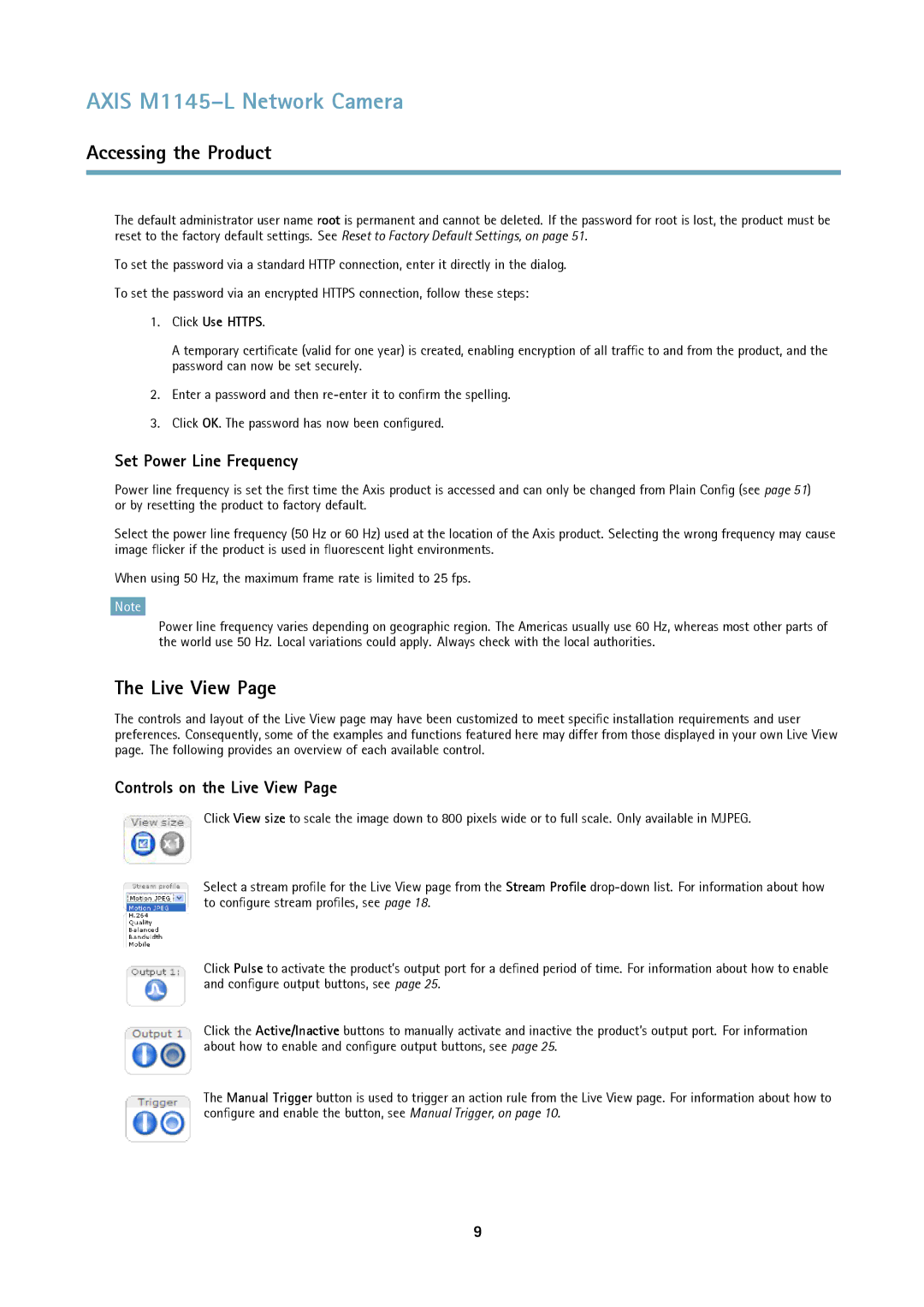 Axis Communications M1145L user manual Set Power Line Frequency, Controls on the Live View, Click Use Https 