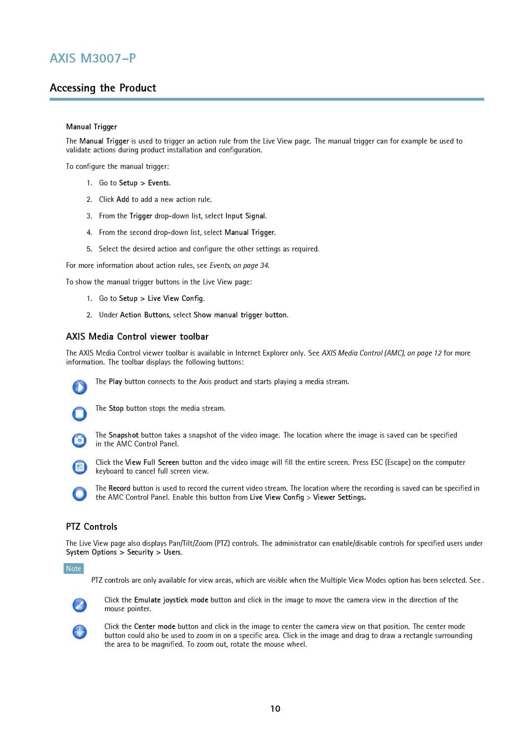 Axis Communications M3007-P user manual Axis Media Control viewer toolbar, PTZ Controls, Manual Trigger, Go to Setup Events 