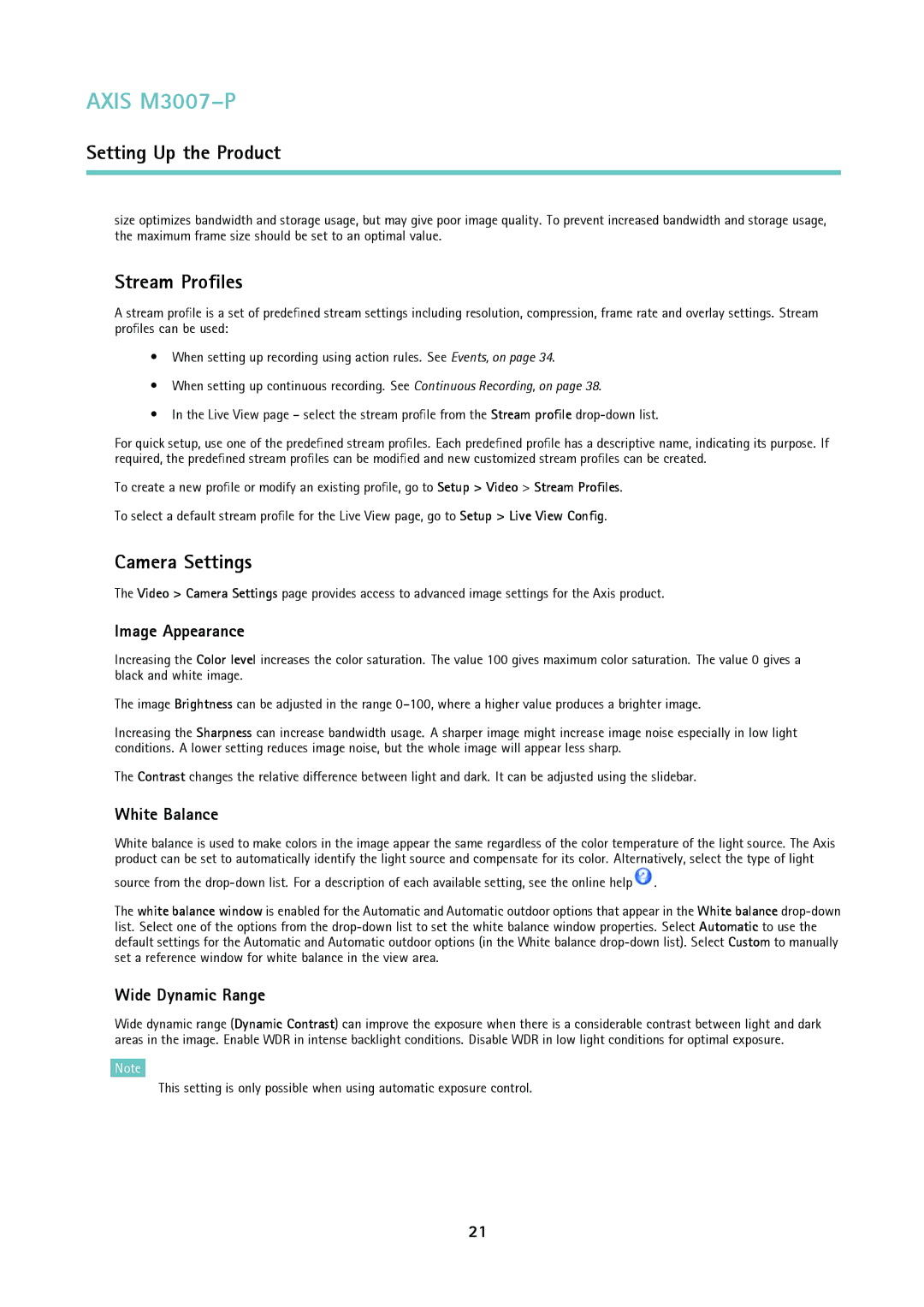 Axis Communications M3007-P Stream Profiles, Camera Settings, Image Appearance, White Balance, Wide Dynamic Range 