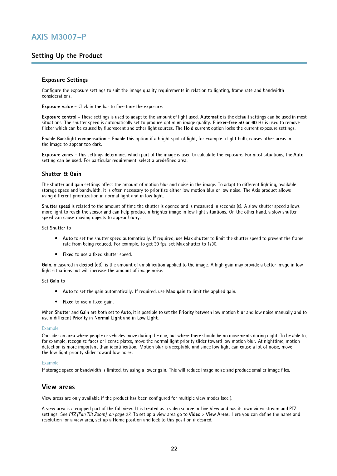 Axis Communications M3007-P user manual View areas, Exposure Settings, Shutter & Gain, Set Shutter to 