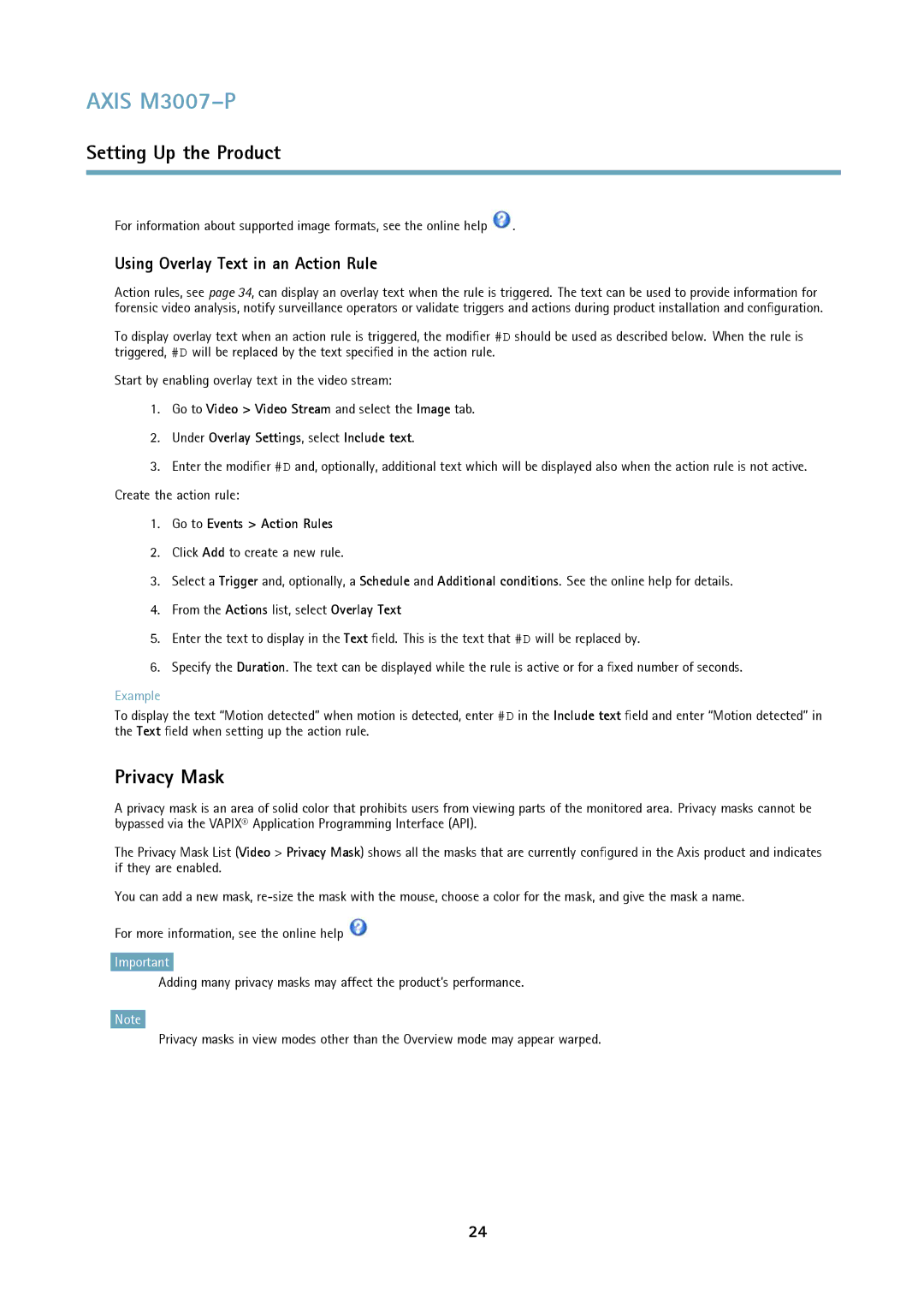 Axis Communications M3007-P user manual Privacy Mask, Using Overlay Text in an Action Rule, Go to Events Action Rules 