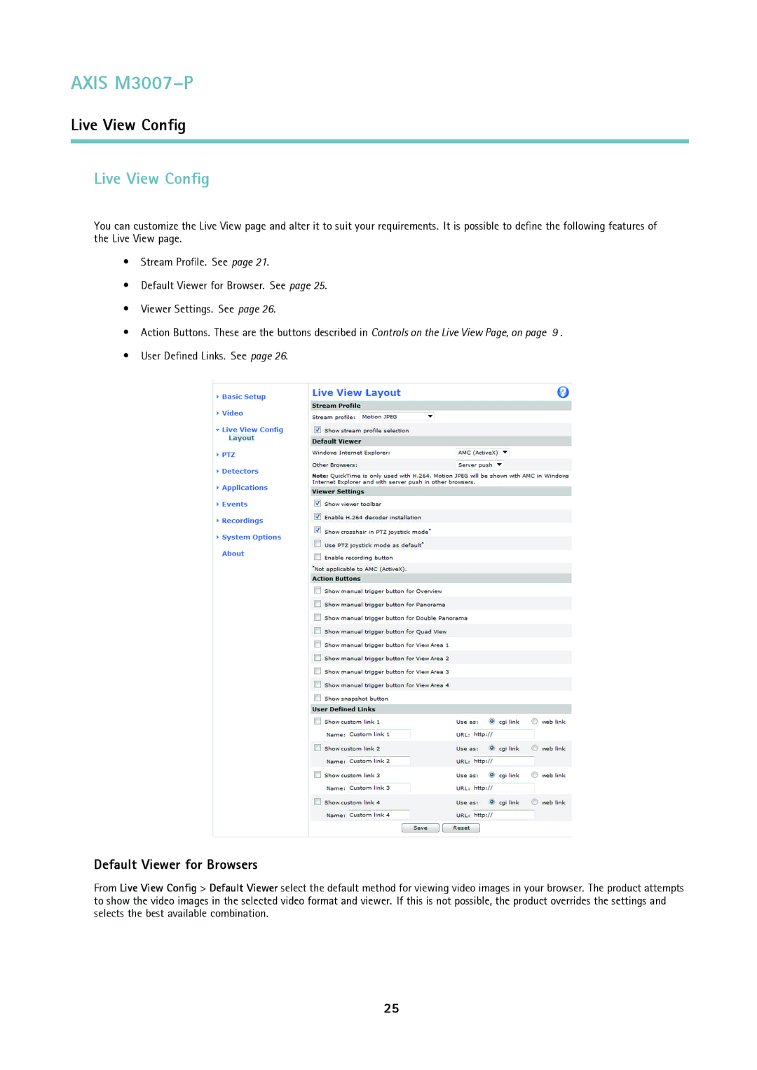 Axis Communications M3007-P user manual Live View Config, Default Viewer for Browsers 