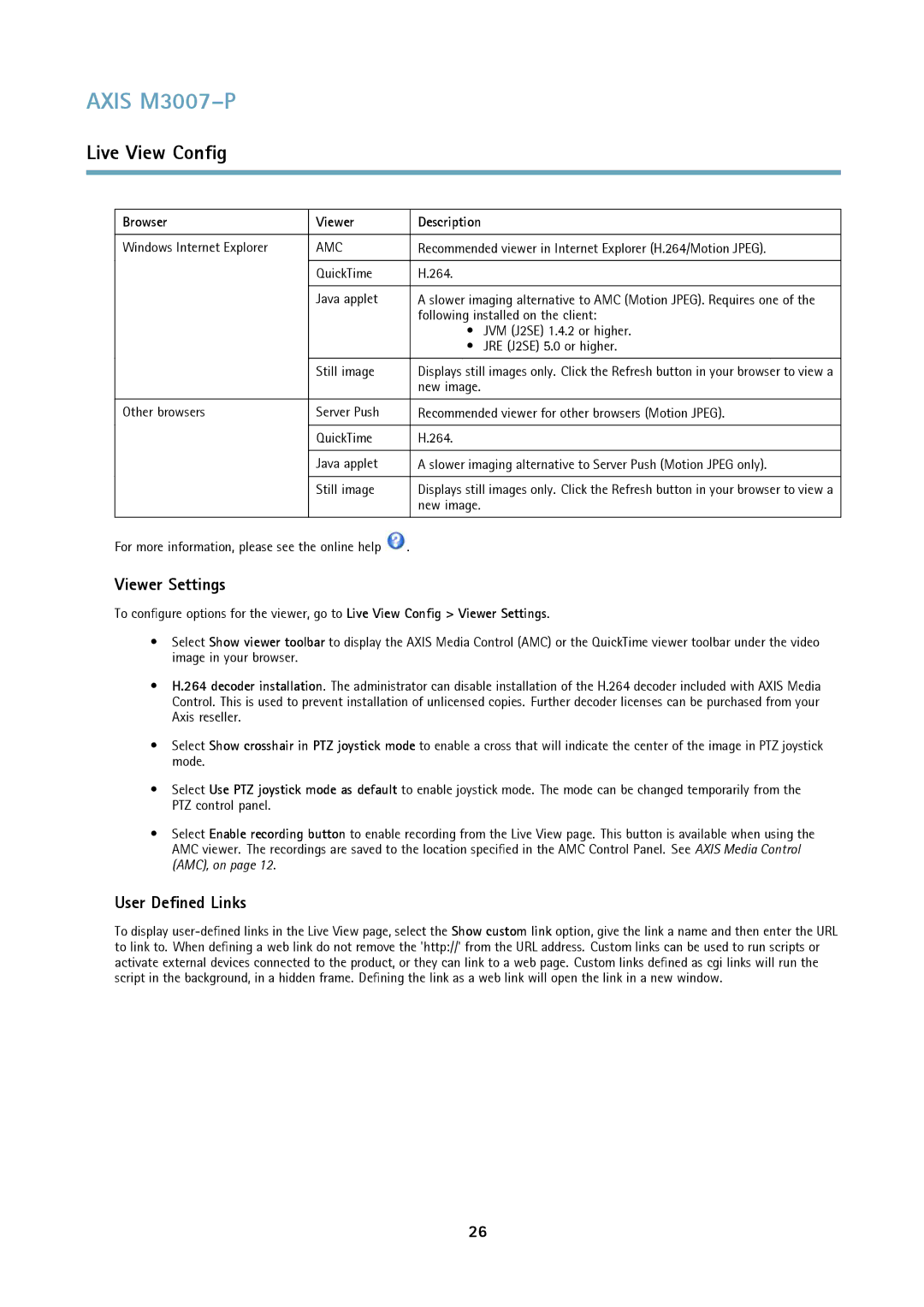 Axis Communications M3007-P user manual Viewer Settings, User Defined Links, Browser Viewer Description 