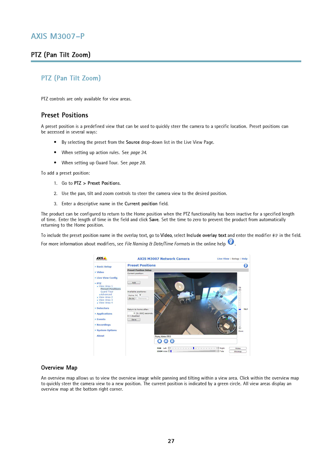 Axis Communications M3007-P user manual PTZ Pan Tilt Zoom, Overview Map, Go to PTZ Preset Positions 