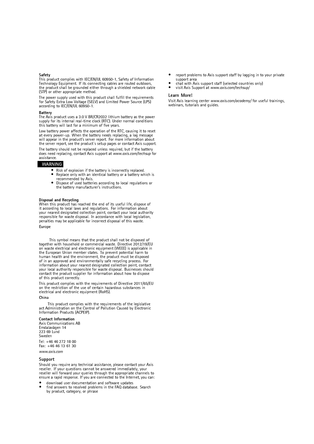 Axis Communications M3007-P user manual Support, Learn More 