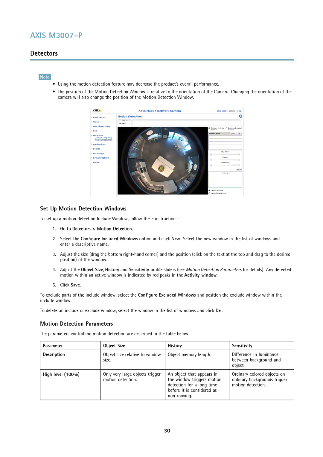 Axis Communications M3007-P Set Up Motion Detection Windows, Motion Detection Parameters, Go to Detectors Motion Detection 