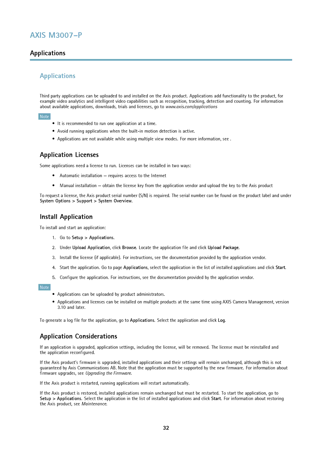 Axis Communications M3007-P user manual Applications, Application Licenses, Install Application, Application Considerations 