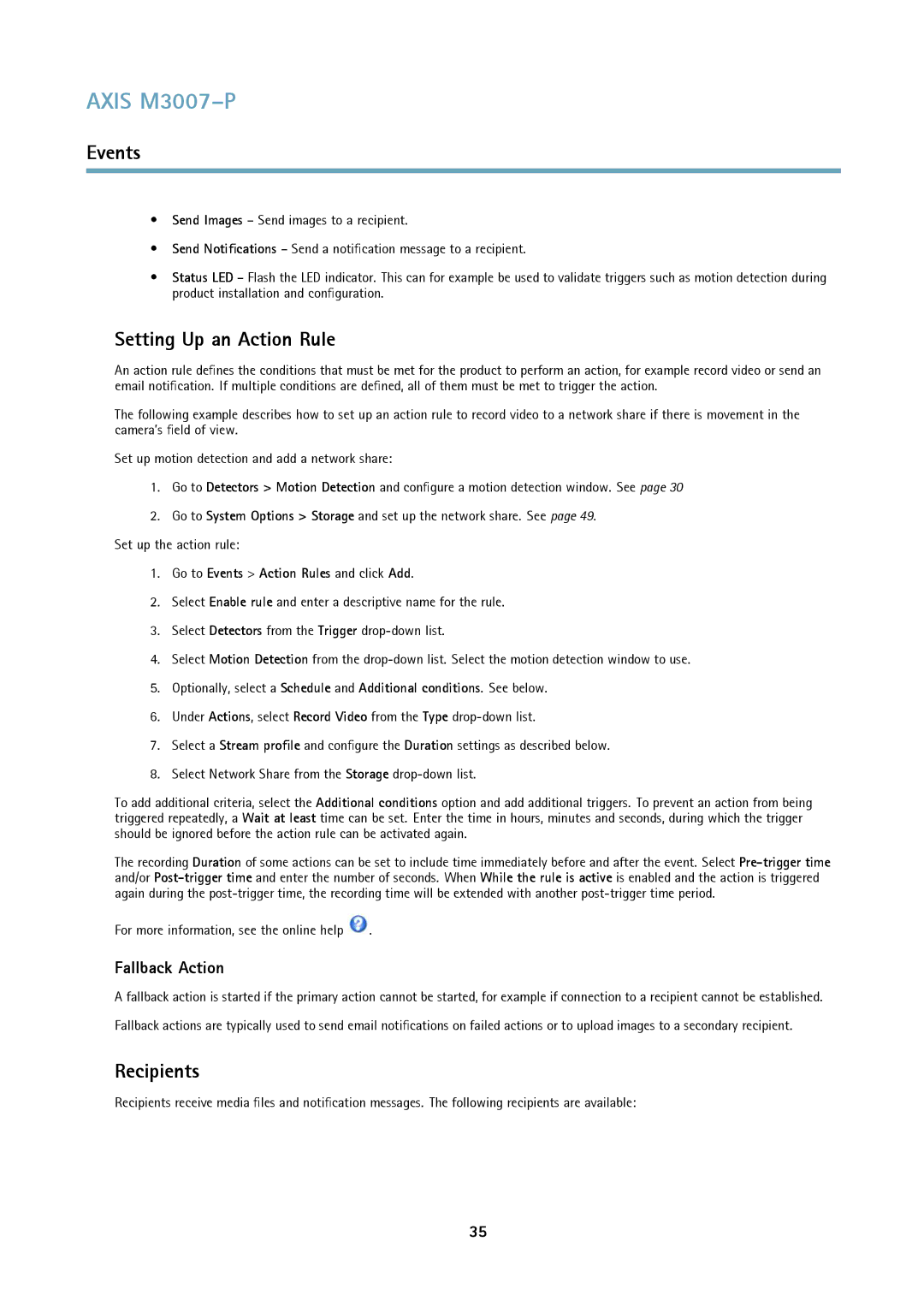 Axis Communications M3007-P user manual Setting Up an Action Rule, Recipients, Fallback Action 