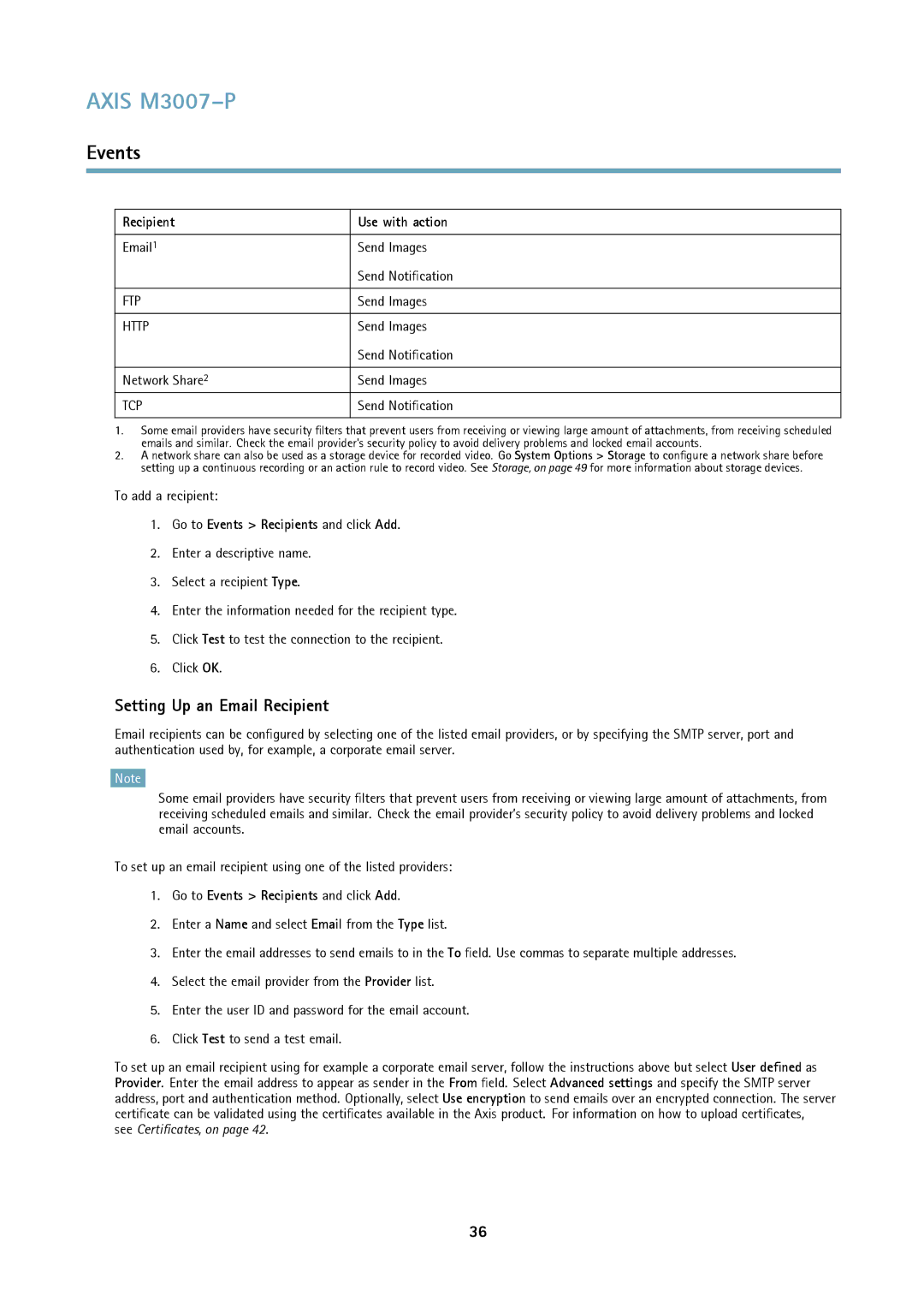 Axis Communications M3007-P user manual Setting Up an Email Recipient, Recipient Use with action 