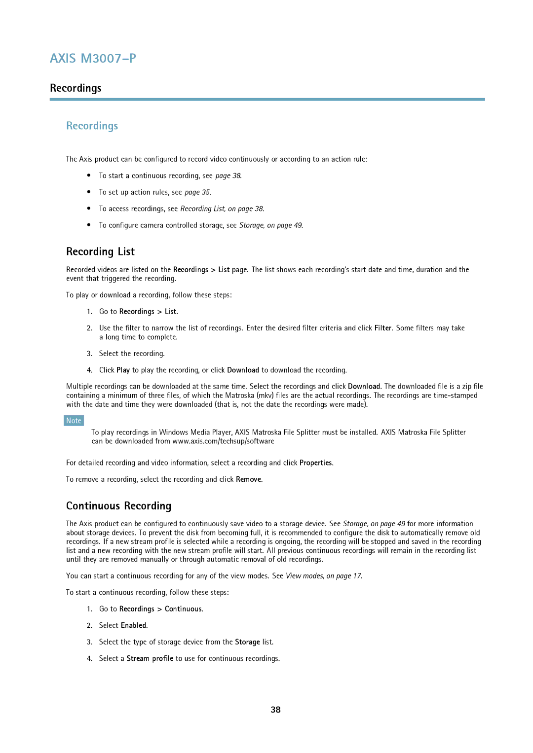 Axis Communications M3007-P user manual Recordings, Recording List, Continuous Recording 