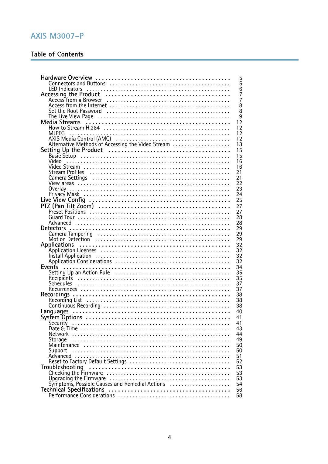 Axis Communications user manual Axis M3007-P, Table of Contents 