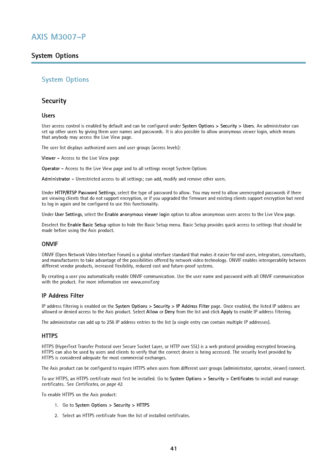 Axis Communications M3007-P user manual System Options, Security, Users, IP Address Filter 