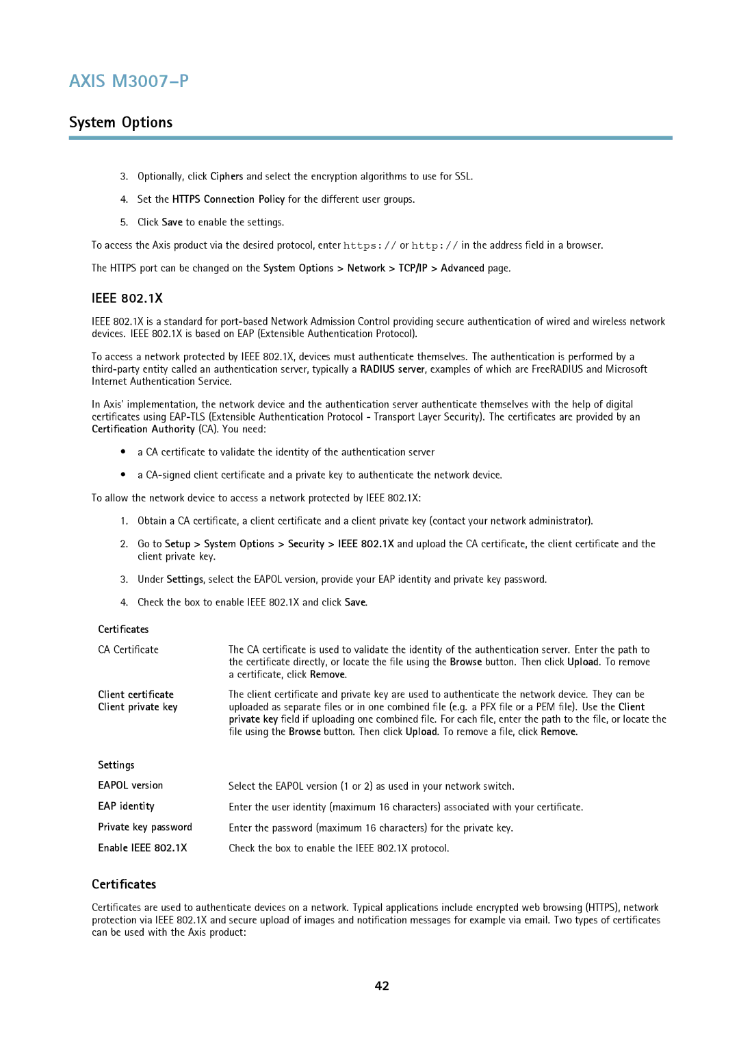 Axis Communications M3007-P user manual Ieee, Certificates 