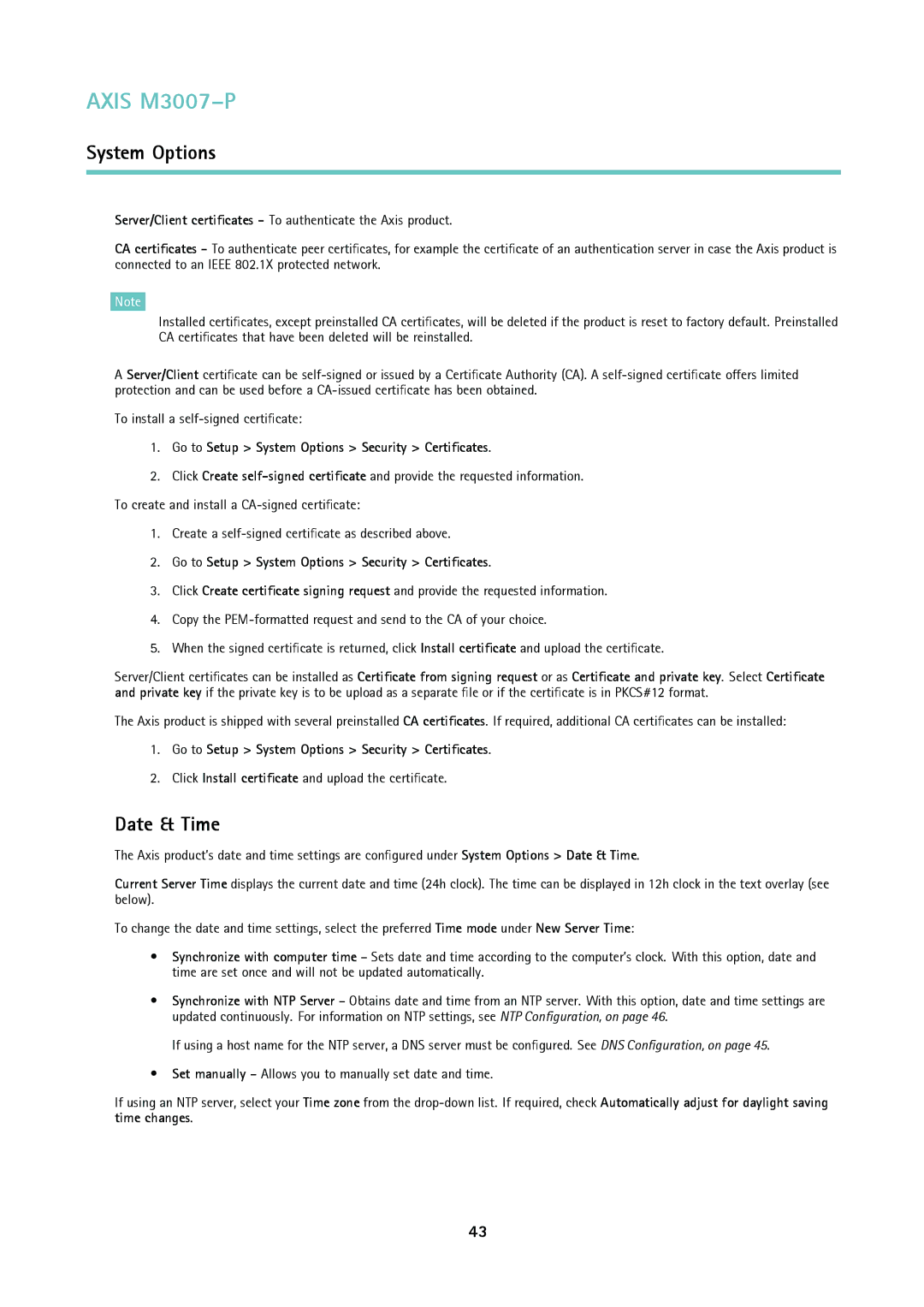 Axis Communications M3007-P user manual Date & Time, Go to Setup System Options Security Certificates 