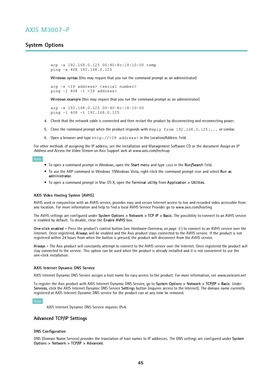Axis Communications M3007-P Advanced TCP/IP Settings, Axis Video Hosting System Avhs, Axis Internet Dynamic DNS Service 