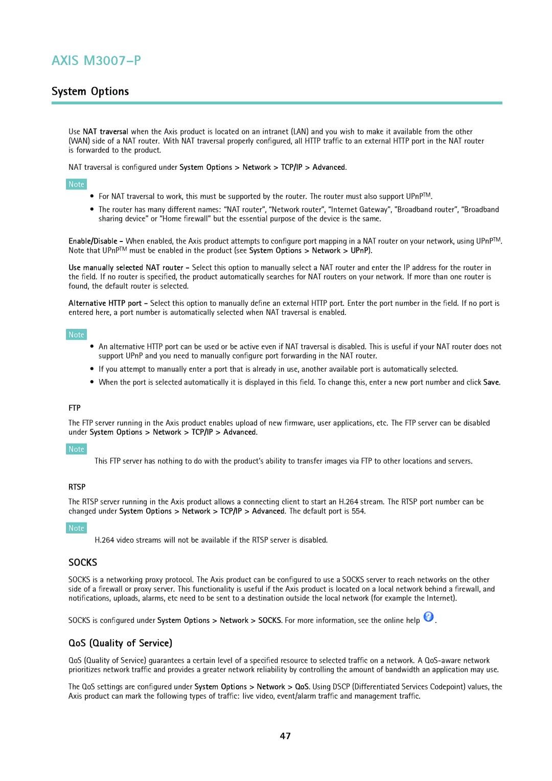 Axis Communications M3007-P user manual QoS Quality of Service, Ftp 