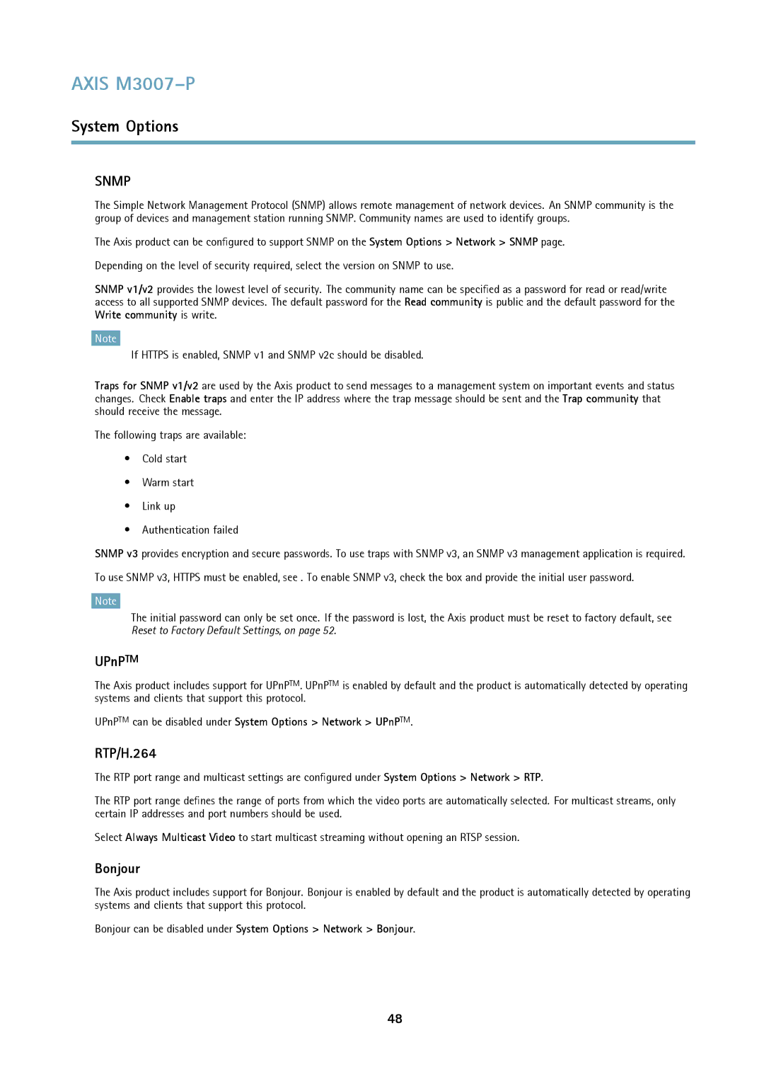 Axis Communications M3007-P user manual RTP/H.264, Bonjour, UPnPTM can be disabled under System Options Network UPnPTM 