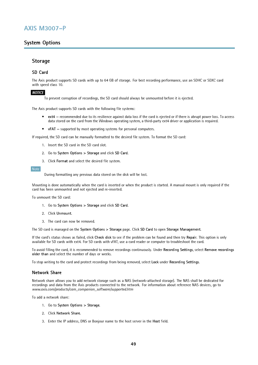 Axis Communications M3007-P user manual Network Share, Go to System Options Storage and click SD Card 