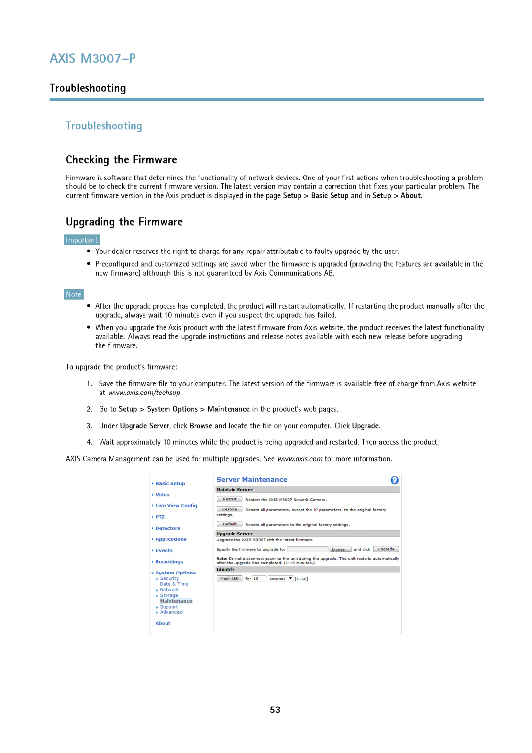 Axis Communications M3007-P user manual Troubleshooting, Checking the Firmware, Upgrading the Firmware 