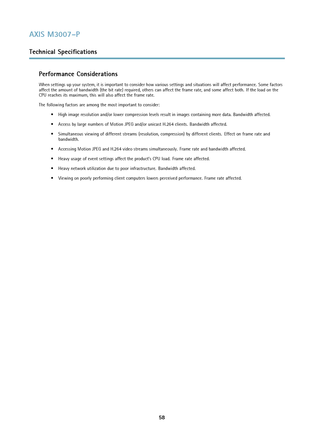 Axis Communications M3007-P user manual Technical Specifications Performance Considerations 