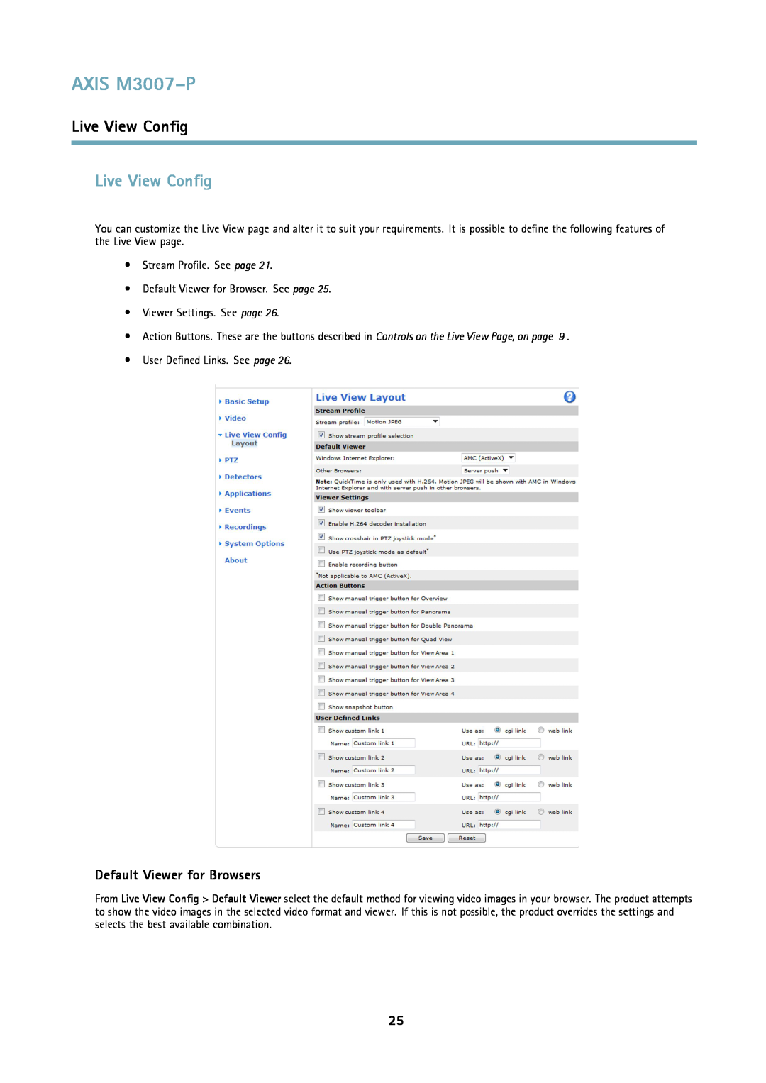 Axis Communications user manual Live View Config, Default Viewer for Browsers, AXIS M3007-P 