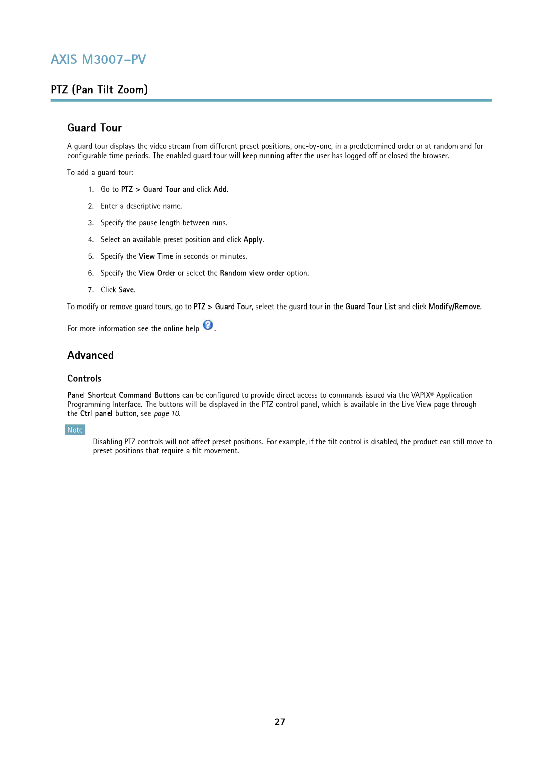 Axis Communications M3007-PV user manual PTZ Pan Tilt Zoom Guard Tour, Advanced, Controls, To add a guard tour 