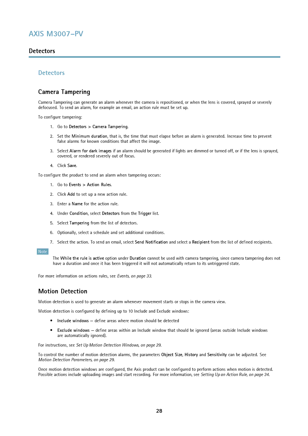 Axis Communications M3007-PV user manual Motion Detection, Go to Detectors Camera Tampering 
